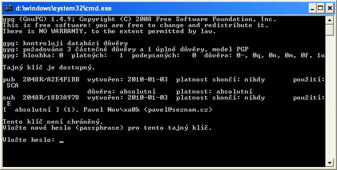 Po opakovaném zadání hesla zavřeme aktuální okno příkazového řádku. Klíče jsou vytvořené.