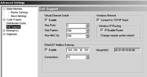 Provoz systému MOVITOOLS MotionStudio přes EtherCAT Komunikace přes EtherCAT 7 7.4.2 Konfigurace mailové brány v masteru EtherCAT Aktivujte podporu VoE/EoE pro řízení EtherCAT.