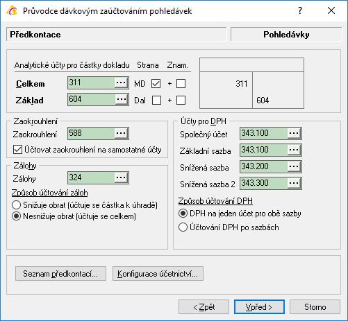 7. Tlačítko Vpřed. Je také možné pomocí tlačítka Seznam předkontací načíst již dříve nadefinovanou předkontaci.
