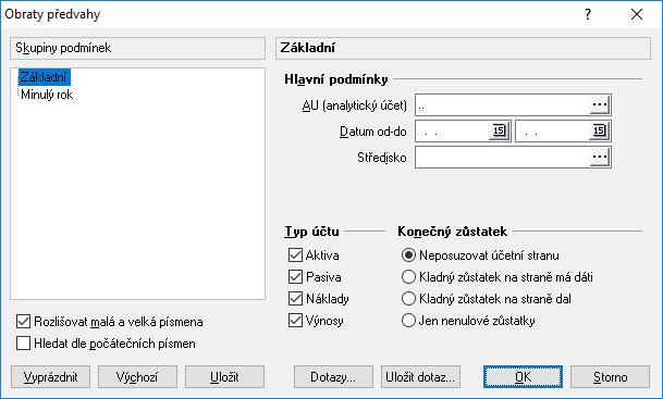 3. Nastavit číslo účtu (pro všechny zapsat.. ), zadat rok, měsíce od-do, popř. omezit na středisko, dále je možné omezit výběr účtů dle konečného zůstatku, popř. typ účtu. 4. Potvrdit OK.