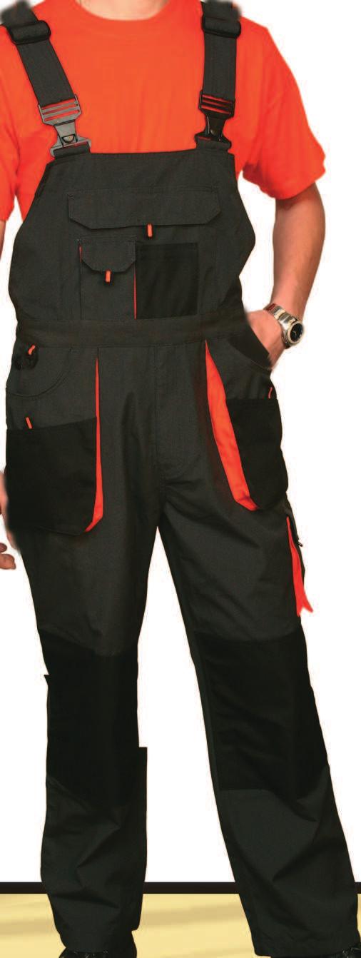 velikost 48, 50, 52, 54, 56, 58, 60, 62 Working bibpants, high quality fabric, polyester/cotton (65/35), 280 g/m 2, reinforcement 600D polyester, black/orange, sizes 48, 50, 52, 54, 56, 58, 60, 62