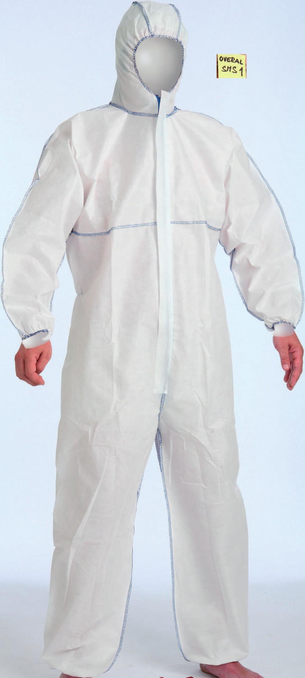 Zipper flap, elastic wrist. Protection against some chemicals. Category CE III, type 5 and 6. Sizes M, L, XL, XXL. 307138 CHEMSAFE C1 Ochranný oblek s kapucí z netkaného polypropylenu.