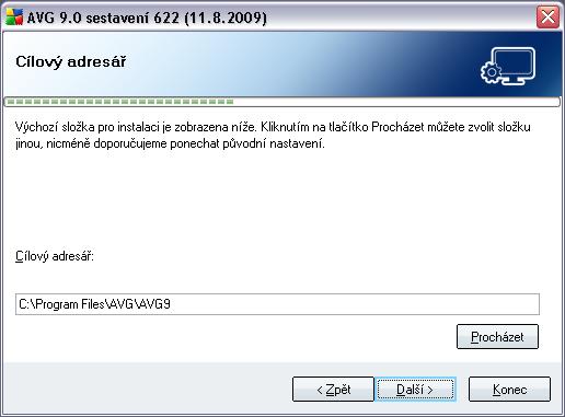 5.6. Uživatelská instalace - Cílový adresář Dialog Cílový adresář vám dává možnost určit, kam má být program AVG 9 AntiVirus instalován.