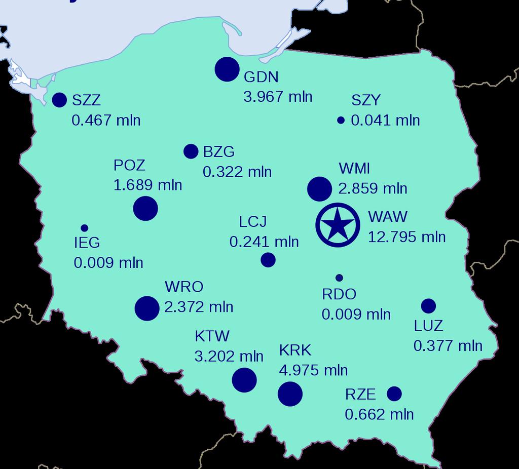 Obrázek 2: Znázornění polských letišť na mapě (zdroj: Úřad civilního letectví v Polsku) 4.1.2 LCC PŮSOBÍCÍ V POLSKU K ROKU 2017 Jak jsem již zmiňoval v kapitole 3.