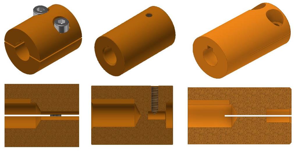 Budou dvě, jedna pro soudečkovou hřídelku (průměr koncovky 7,9 mm) a druhá pro hřídelku kuličkovou (průměr 5 mm). Nejsnazším řešením by bylo zakoupení vhodné spojkové hřídele z katalogu MISUMI (obr.