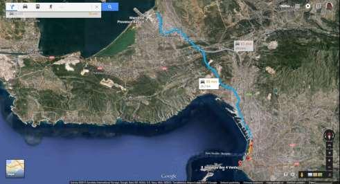 4.4 Hledání tras S nástrojem Vyhledat trasu v režimu Hledání a zadáním výchozího místa a cíle Google Earth vyhledá požadovanou trasu.