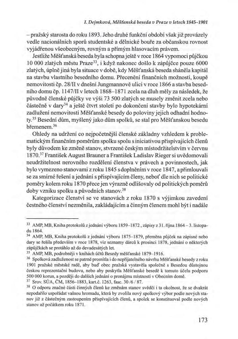 I. Dejmková, Měšťanská beseda v Praze v letech 1845-1901 -pražský starosta do roku 1893.