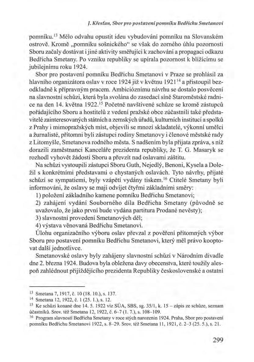 J. Křesťan, Sbor pro postavení pomníku Bedřichu Smetanovi pomníku. 13 Mělo odvahu opustit ideu vybudování pomníku na Slovanském ostrově.