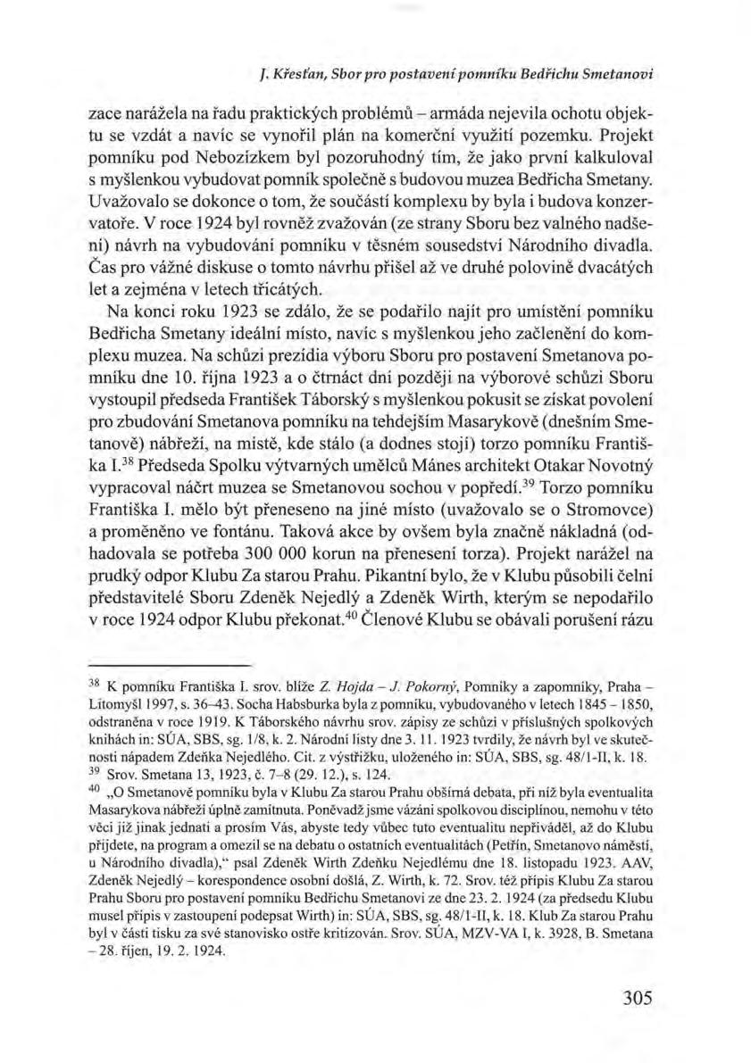 J. Křesťan, Sbor pro postavení pomníku Bedřichu Smetanovi zace narážela na řadu praktických problémů - armáda nejevila ochotu objektu se vzdát a navíc se vynořil plán na komerční využití pozemku.