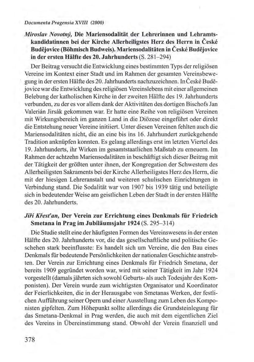 Documenta Pragensia XVIII (2000) Miroslav Novotný, Die Mariensodalitiit der Lehrerinnen und Lehramtskandidatinn.en bei der Kirche Allerheiligstes Herz des Herrn in České Budějovice (Bohmisch Budweis).
