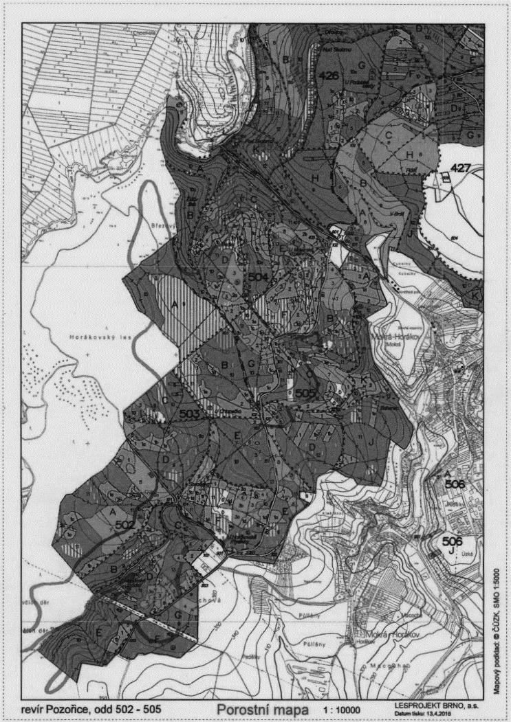 Obr. 1 Porostní mapa zájmového území Source: Lesprojekt Brno, a. s. (2016) Nejprve byla vypočtena celková cena zjištěná porostní půdy v Kč dle oceňovací vyhlášky, tj.