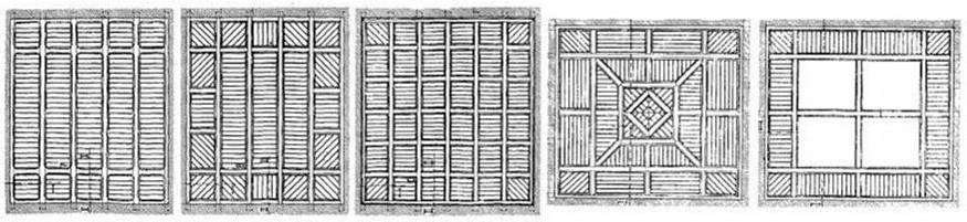 Kazetová struktura stropu se používala při náročnějších estetických požadavcích, s využitím obkladu ze vzácných dřevin nebo s polychromovanou štukaturou.