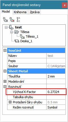 BricsCAD > Prvky plechového dílu BricsCAD používá výchozí hodnotu 0.27324, která je definována pro ohyb v poloměru shodném s tloušťkou plechu.