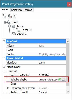 Na řádce Tabulka ohybu klepněte na tlačítko : BricsCAD > Prvky plechového dílu Otevře se dialogové okno pro