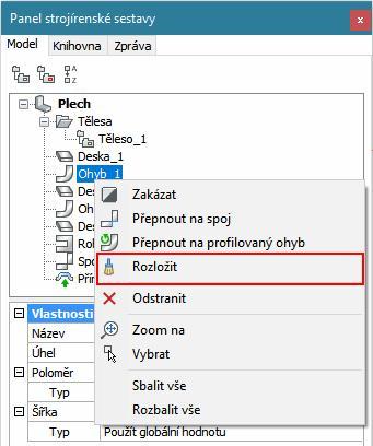 BricsCAD > Prvky plechového dílu Místní nabídka nad prvkem plechového dílu obsahuje položku Rozložit.