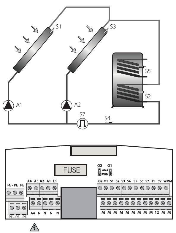 6.5 Systémové schéma 4: 2kolektory, 1 zásobník s dvěma čerpadly Připojení 23 V L1 - Hlavní fáze 23V N - Nulový vodič - síť a výstupy A1 - Čerpadlo solárního okruhu 1 (spínaný výstup 1) A2 - Čerpadlo