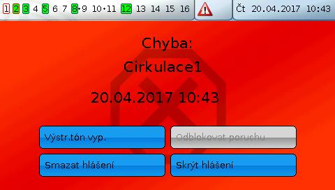 Hlášení Příklad: Typ hlášení Chyba, výstup 1 dominant VYP, výstup 2 dominant ZAP, výstražný zvuk aktivován, výstup pro výstražný tón: výstup 12.