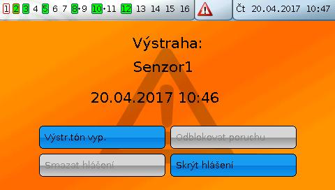 Hlášení Příklad: Typ hlášení Výstraha, Výstup 1 dominant VYP, Výstup 2 dominant ZAP, Výstražný zvuk aktivován, Výstup pro výstražný tón: Výstup 12.