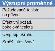 Příklad: ve funkce Srovnání jsou jen 3, ve funkci Topný okruh je 23 výstupních proměnných.