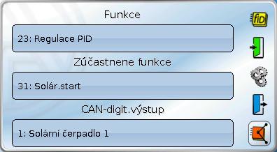 Spojení Spojení Zde můžeme sledovat spojení k jiným funkcím a výstupům CAN. Příklad: Funkce Solar 1 Funkce: Výstupní proměnná ze Solární 1 je spojena se vstupní proměnnou funkce Regulace PID.