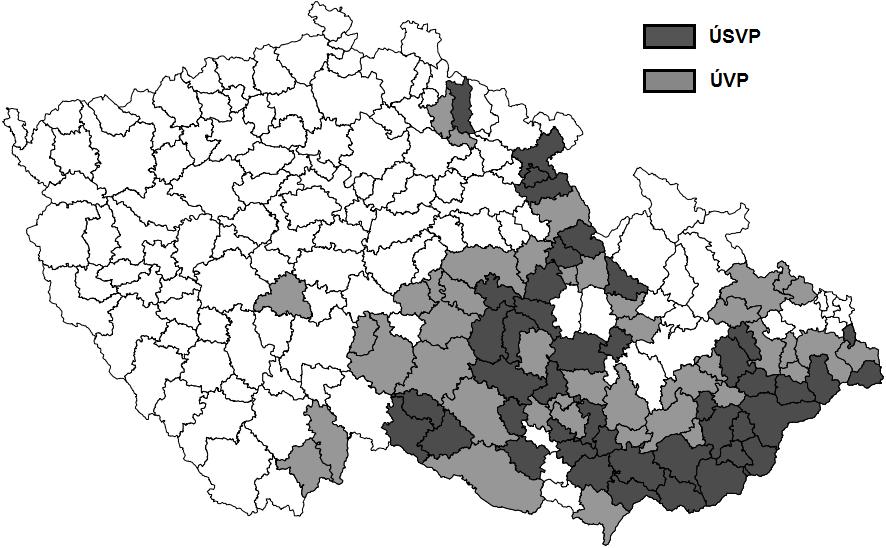 Na mapě vidíme, že ÚVP a ÚSVP Zuzany Roithové leželo převážně na Moravě.
