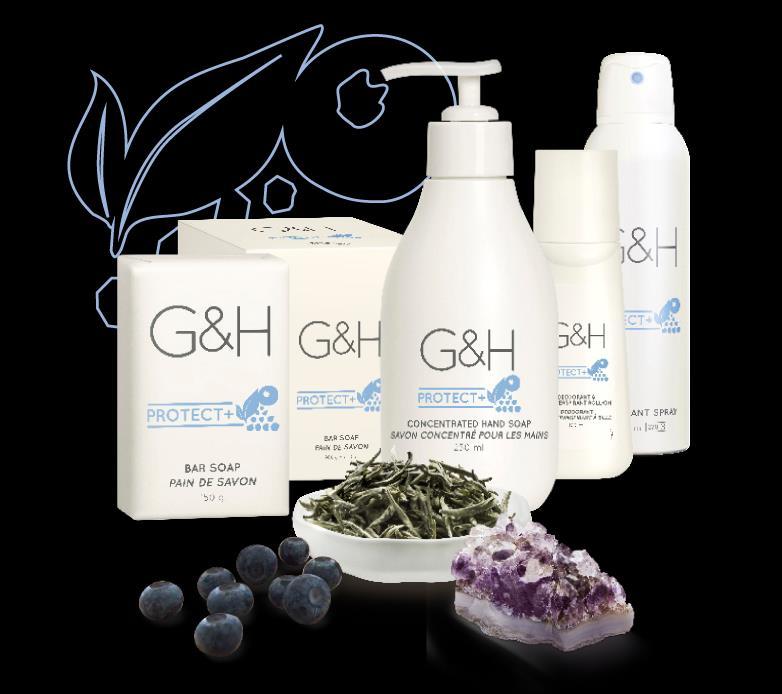 G&H PROTECT+ G&H PROTECT+ přirozená ochrana Vaší pokožky! Výrobková řada G&H PROTECT+ zahrnuje Tekuté mýdlo na ruce, Mýdlo, Kuličkový deodorant a prostředek proti pocení.