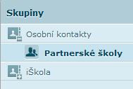 Partnerské školy) a pak se přesunete" do sloupce Kontakty vpravo a dole opět klepnete (pro přidání kontaktu) na ikonku Vytvořit nový kontakt.