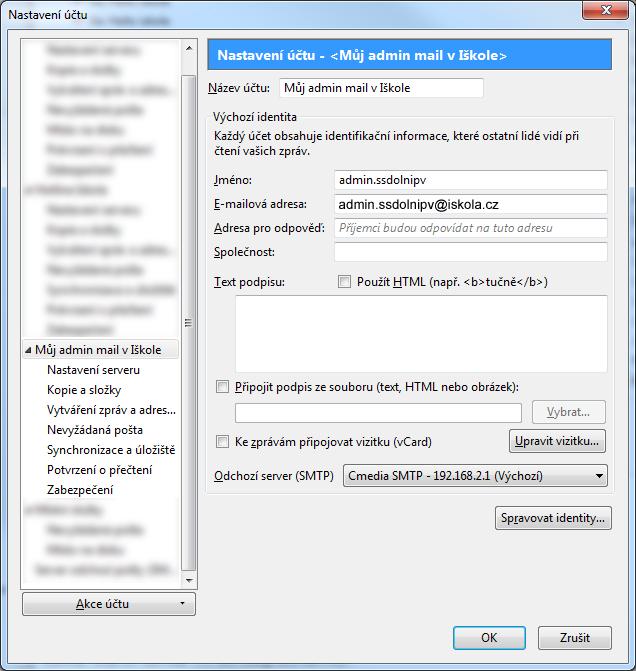 Ukázka nastavení účtu pro poštu Iškoly v klientu Mozilla Thunderbird Na rozdíl od webového klienta Gmail.com nebo Outlook.