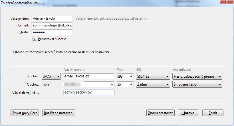 a) Nastavení IMAP, kryptovaný přenos pomocí SSL/TLS b) Nastavení IMAP, nekryptovaný přenos c) Nastavení POP3, kryptovaný přenos pomocí SSL/TLS d) Nastavení POP3, nekryptovaný přenos e) Hodnoty pro