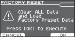 12) zvolte "Factory Reset". Objeví se obrazovka FACTORY RESET. 3. Knobem [INSTRUMENT] změňte hodnotu. Hodnota Vysvětlení OFF Přístroj se automaticky nevypíná.