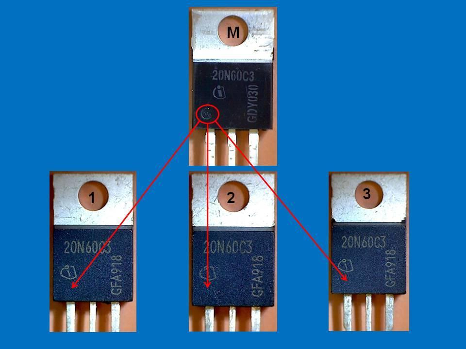 Infineon. Šipkami jsou zvýrazněny chybějící vlysy pouzdra u porovnávaných vzorků.