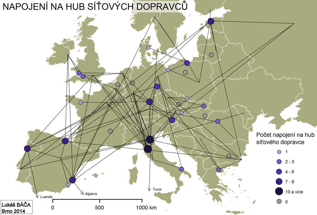 Obr. 10 Napojení na huby síťových dopravců na zkoumaných letištích v zimním období 2013/2014 (zdroje: oficiální stránky letišť, vlastní výpočty, zdroj podkladové mapy: eurostat.ec.europa.