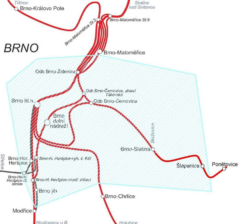 dopravy. Poloha ŽUB v rámci okolní železni ní sít je znázorn na na následujícím obrázku. Poloha ŽUB Železni ní uzel byl od realizace prvních staveb dráhy na území m sta Brna v 19.