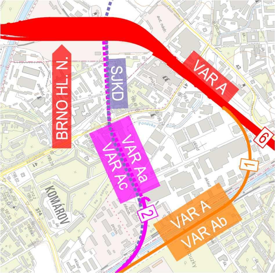 7.3 Varianta A Možnosti ešení varianty A Tuto variantu je možné realizovat ve ty ech možných alternativách lišících se zapojením trati od Chrlic do hlavního nádraží a uspo ádáním tratí od B eclavi a