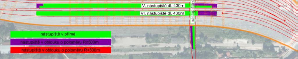 Op t i zde je p evážná ást délek nástupištních hran v p ímých úsecích a zbývající ást v obloucích o polom rech v tších než 500 m.