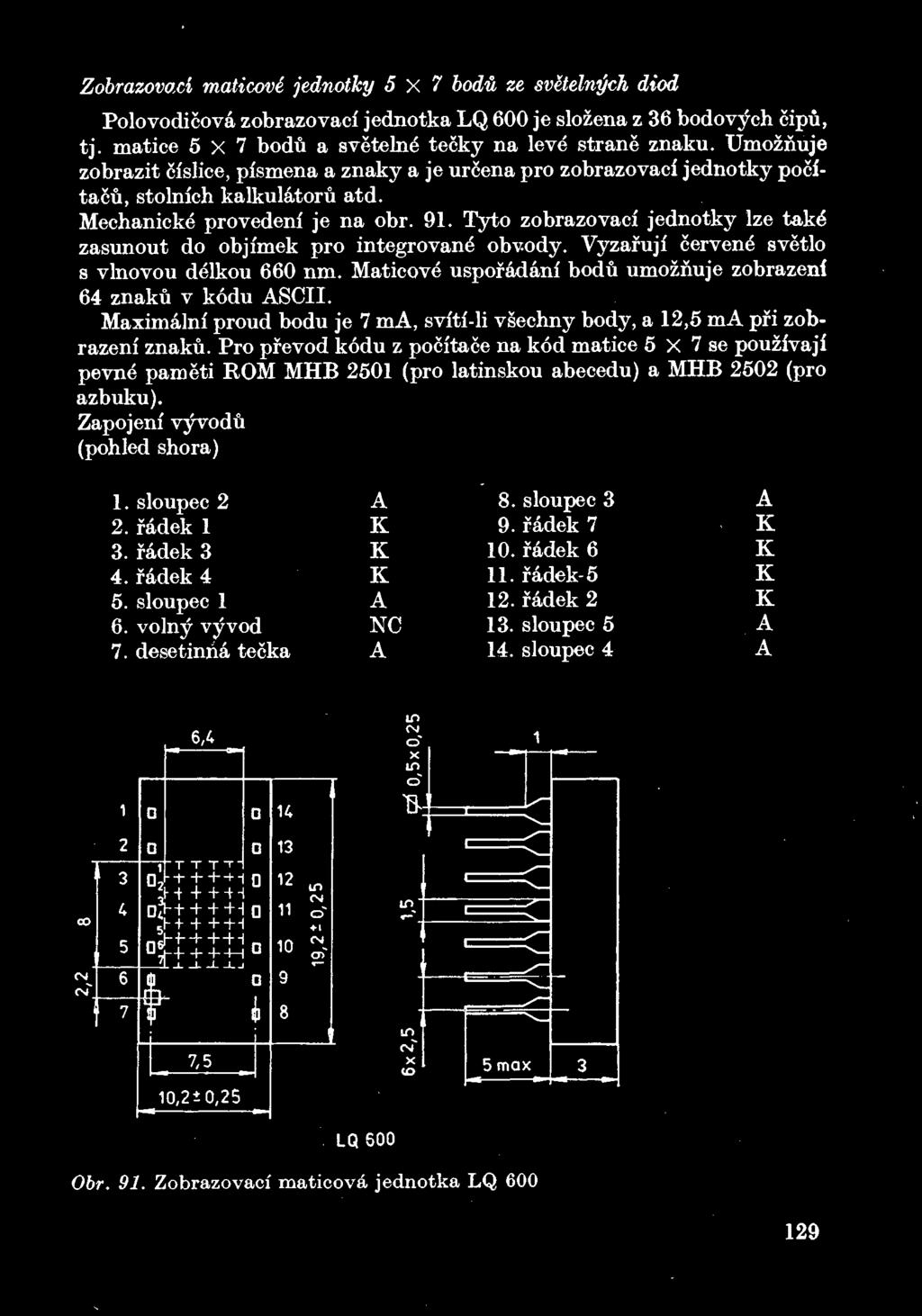 Tyto zobrazovaci jednotky Ize take* zasunout do objimek pro integrovane* obvody. Vyzafuji cervene* svetlo s vlnovou delkou 660 nm. Maticove uspofadani bodu umoznuje zobrazenf 64 znaku v kodu ASCII.
