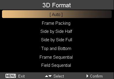 Volba 3D formát je dostupná pouze pro 3D projektory s HDMI 1.4 nebo 2.