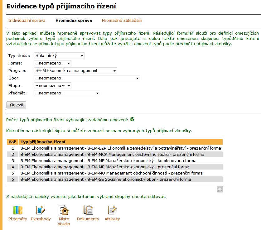 Obrázek 8 Hromadná správa typů přijímacího řízení pro každé místo studia uveden počet typů přijímacího řízení, které mají dané místo studia přiřazeno.
