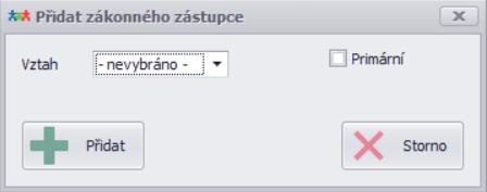 V případě, že máte již zákonného zástupce vybraného přiřadíte ho ke klientovi pomocí tlačítka přidat. Poté navolíte vztah mezi klientem a zákonného zástupce a opět kliknete na tlačítko přidat.