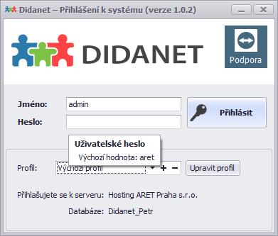 Po kliknutí na tlačítko uložit v nastavení připojení k databázi, budete přesměrováni do základního přihlašovacího okna, pomocí kterého se už pak automaticky budete do Didanetu přihlašovat (aplikaci
