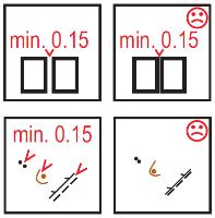 Minimální mezery Aby bylo možné identifikovat jednotlivé značky, jsou důležité minimální mezery. Obecně platí, že se použije minimální mezera 0.15 mm.