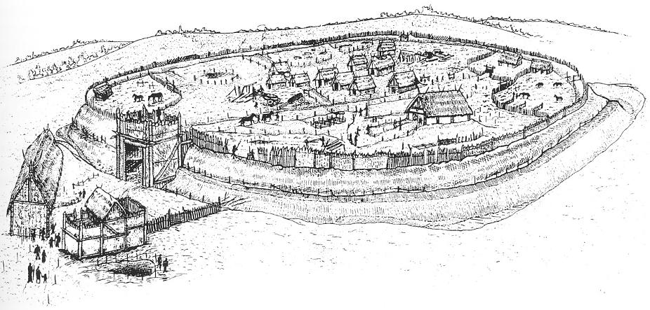 Hradiště Kopfham- Galgenberg, Bavorsko (střední eneolit, 3. tisíciletí př. n. l.) kresebná rekonstrukce.
