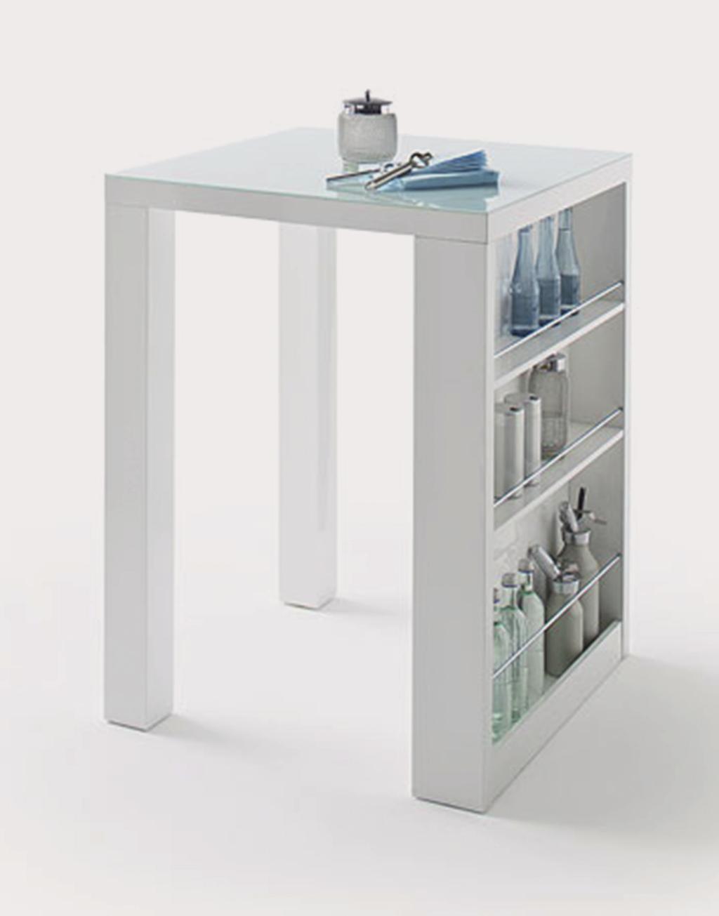 Typ 01 barový stůl na 3 nohách podnož: lak bílý vysoký lesk + 3 otevřené poličky plát