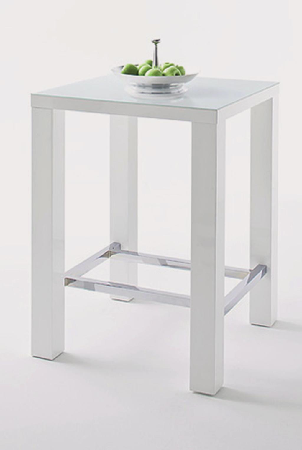 barový stůl na 4 nohách nohy: lak bílý vyskový lesk, podnož: pochromovaná plát stolu: