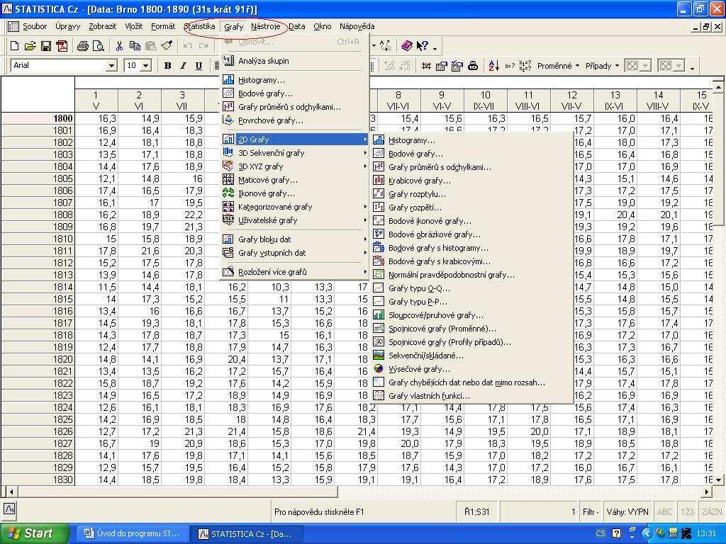 Obr. 8. Statistika bloku dat 3.2 Úkol 3 Do programu STATISTICA vložte list 1 ze souboru teplota.xls. Soubor obsahuje průměrné měsíční teploty z vybrané stanice za období 1961-2000.