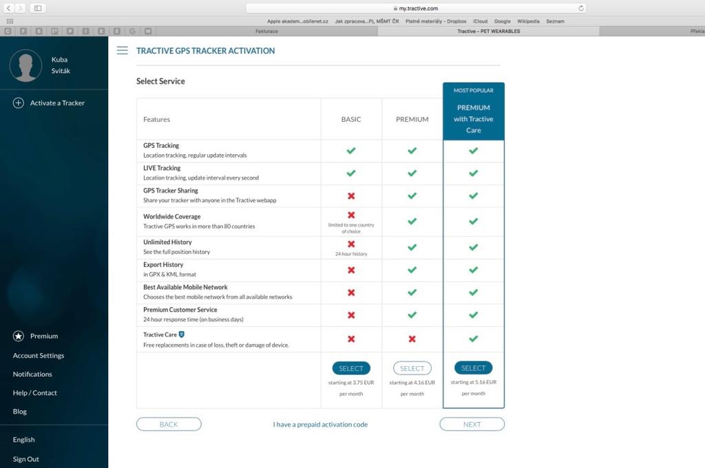 3. VÝBĚR TARIFU A ZPŮSOBU PLATBY 1. Příklad: Chcete aktivovat tarif BASIC s platností na 1 měsíc. Myší označíme tlačítko SELECT (vybrat) v levém sloupci tlačítko musí být modré. 2.