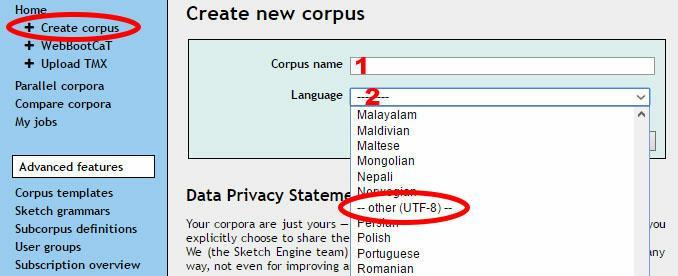 1.9. Vytvoření vlastního korpusu 1.9.1. Create corpus Pokud chceme vytvořit nový korpus ze složky v počítači, klikneme v levém menu na domovské obrazovce na záložku Create corpus.
