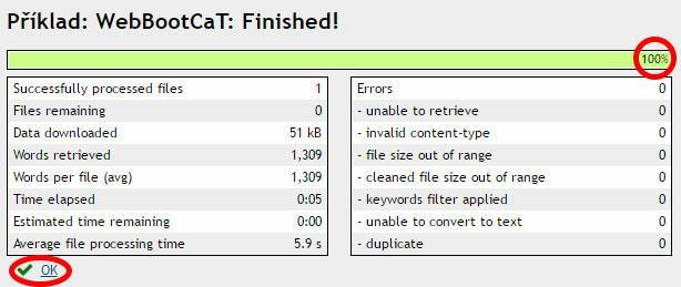 Sketch Engine začne následně stahovat data ze stránek, které jsme uvedli. Tento proces trvá několik sekund až několik minut, a to v závislosti na množství stahovaných dat.