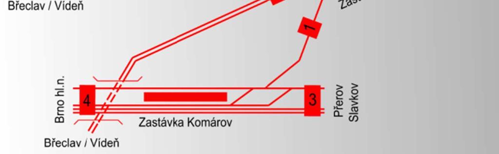 Ve variant B1b je tra ve sm ru Veselí nad Moravou vedena z hlavního nádraží dvojkolejn až za navrhovanou zastávku Brno-Komárov, kde dochází k rozv tvení kolejí - jednokolejn ve sm ru na Chrlice a