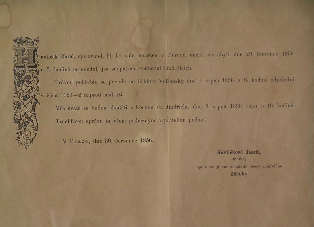 července 1856. Papír 21,5 26 cm, zasklený rámeček 31 36 cm.